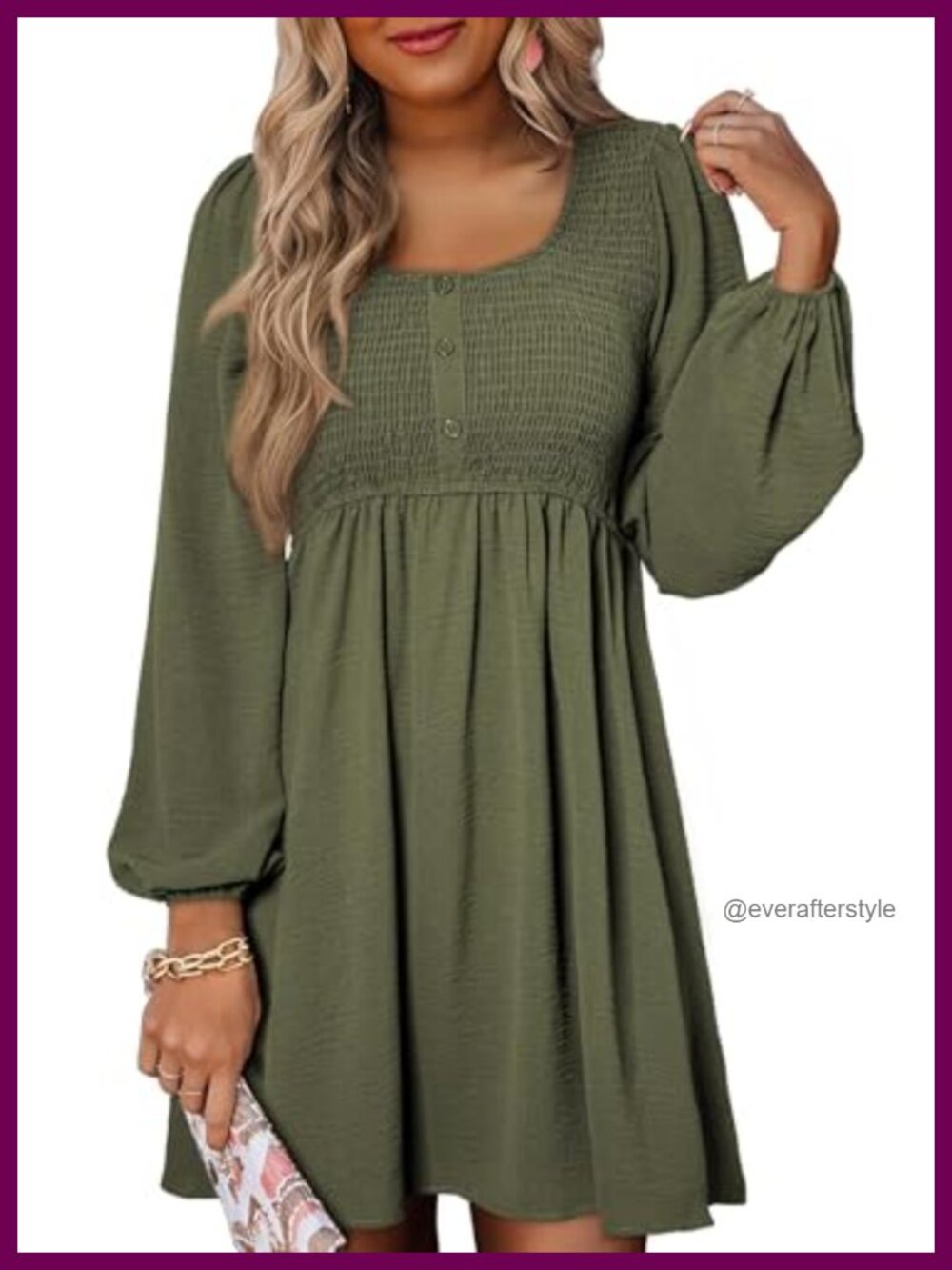 Long Sleeve Mini Dress Casual A-Line Smocked Button